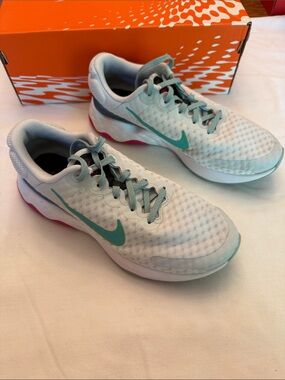 Nike Women's White and Teal Running Sneakers with Pink Accent